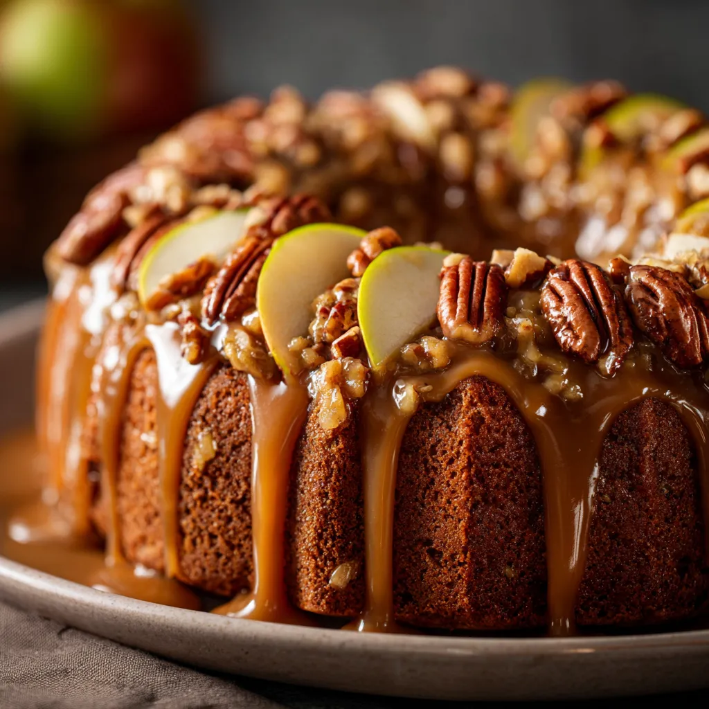 A cake with walnuts and apples on top.