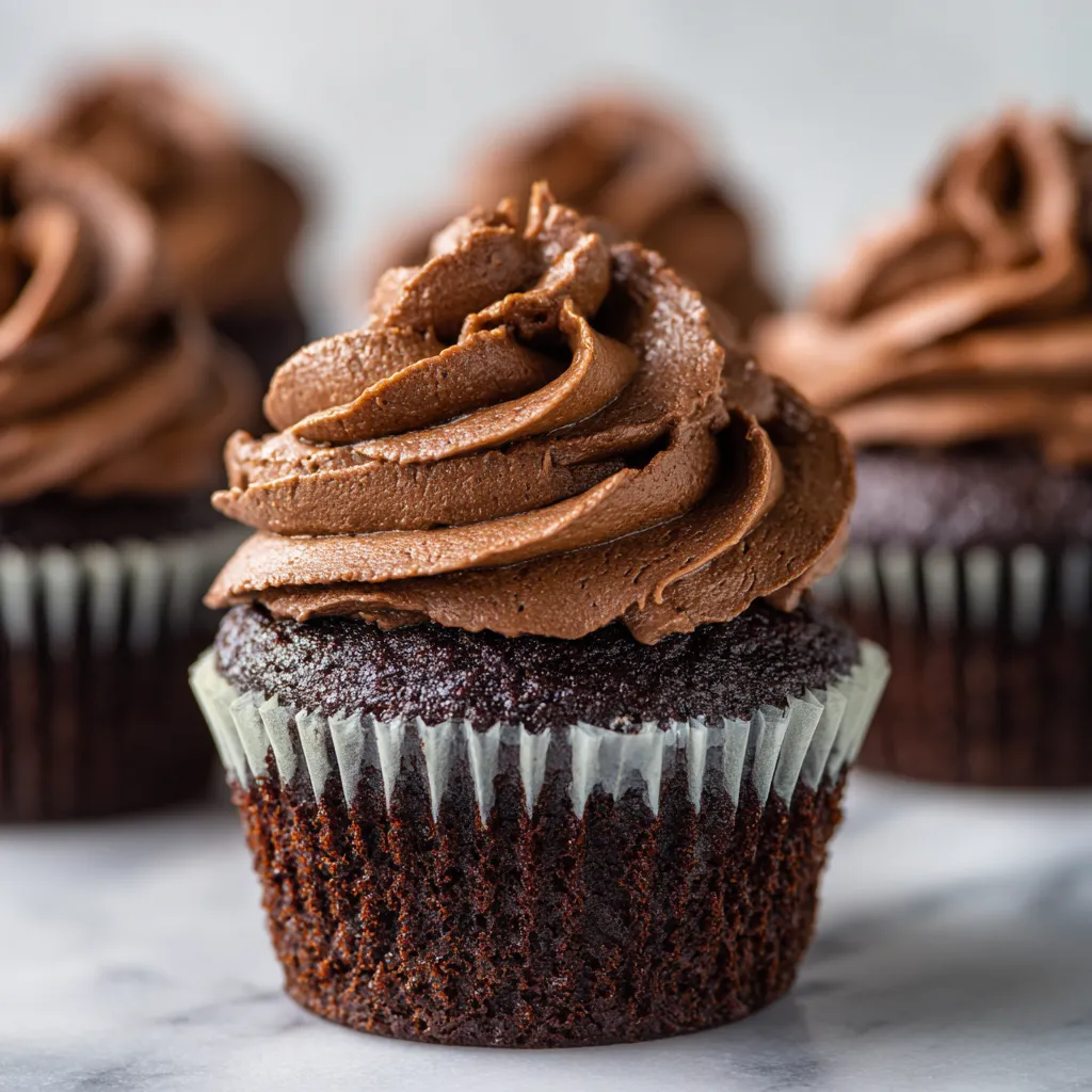 Chocolate cupcake with chocolate frosting.