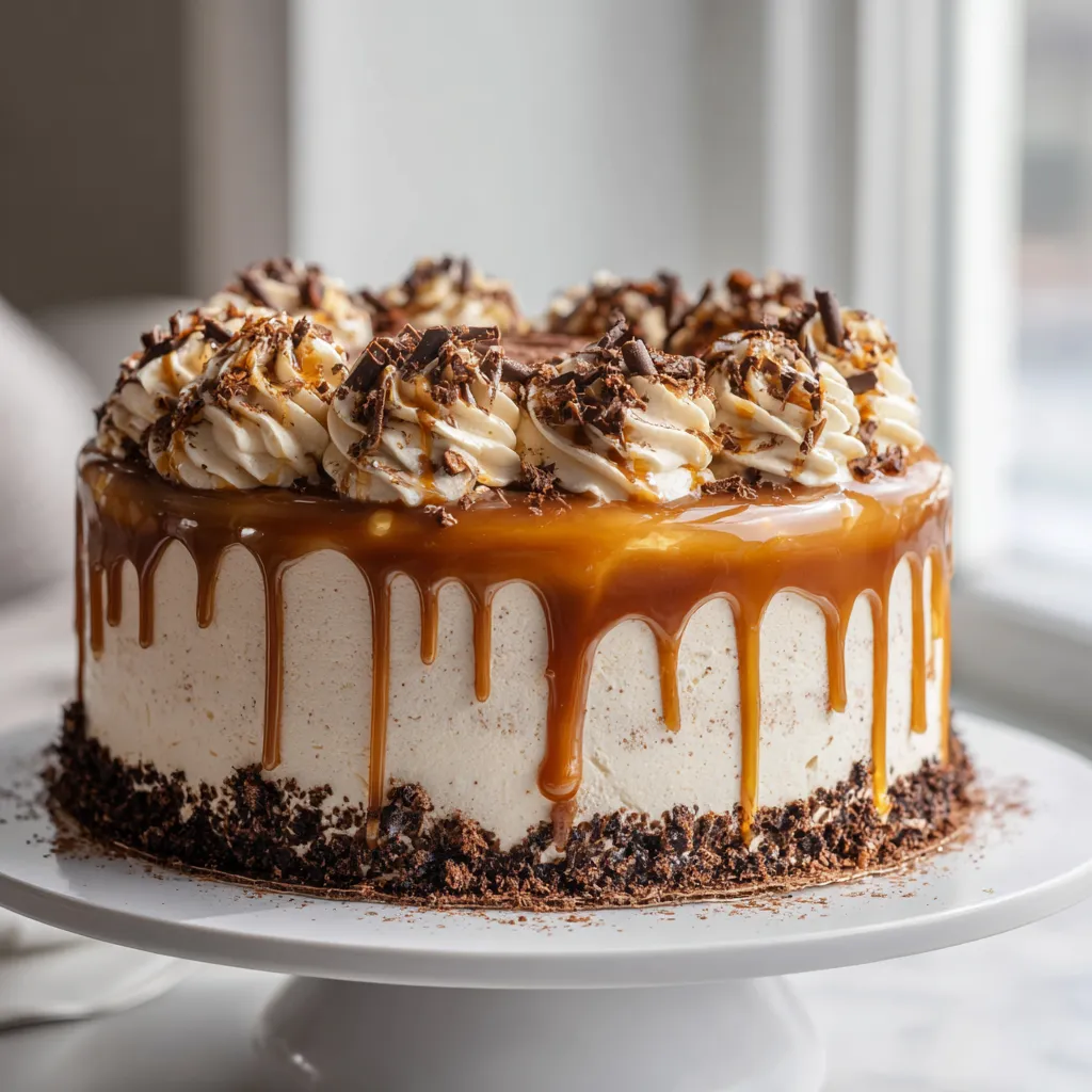A slice of cake with caramel drizzle.