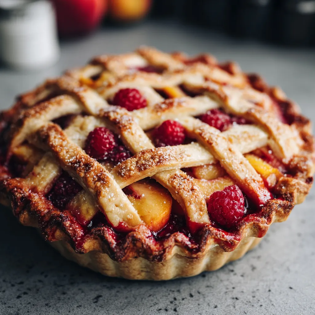 A pie with a raspberry topping.