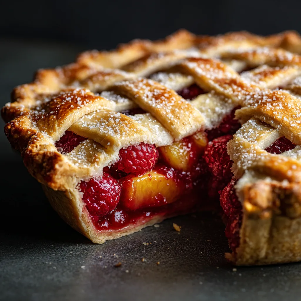 A slice of pie with raspberries and a dusting of powdered sugar.