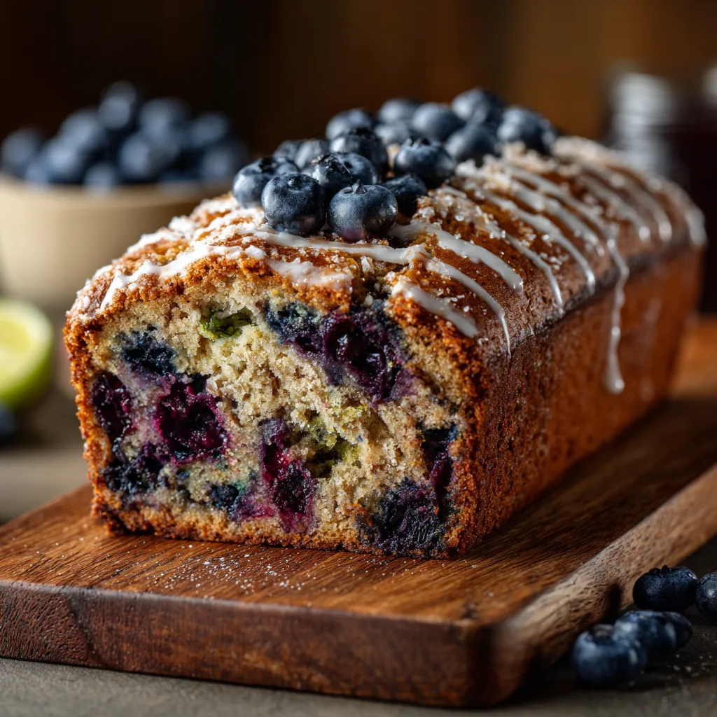 A slice of blueberry bread with blueberries on top.