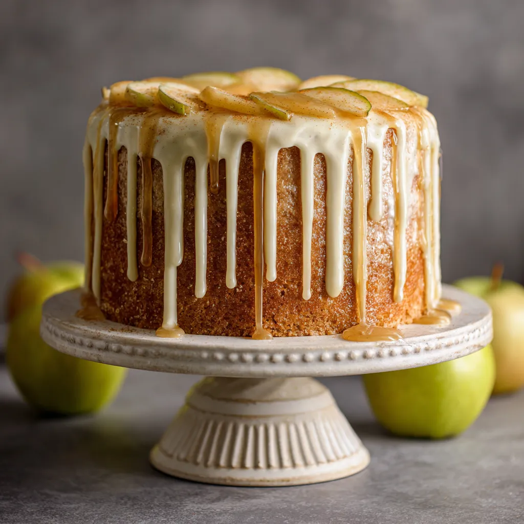 A cake with apples on top.