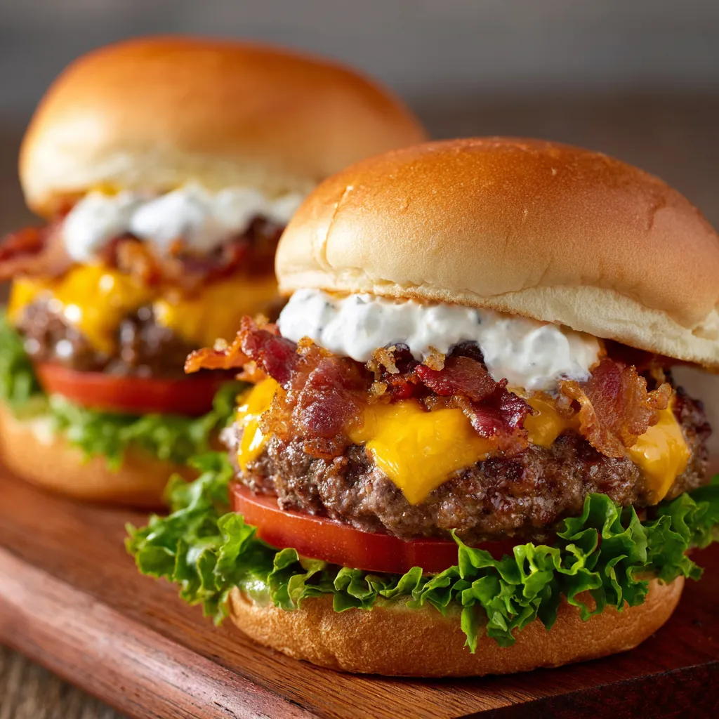 Two hamburgers with bacon and cheese.