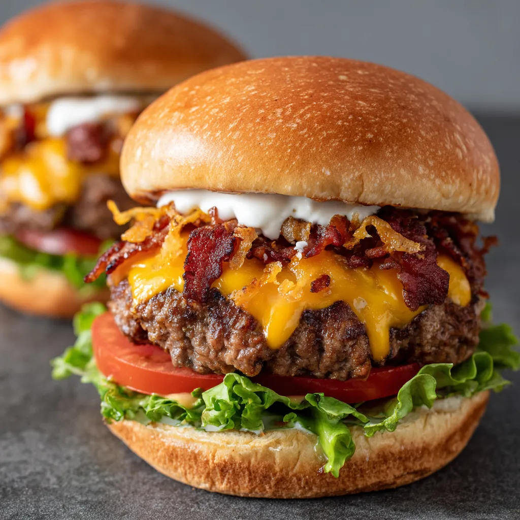 Two burgers with bacon and cheese.