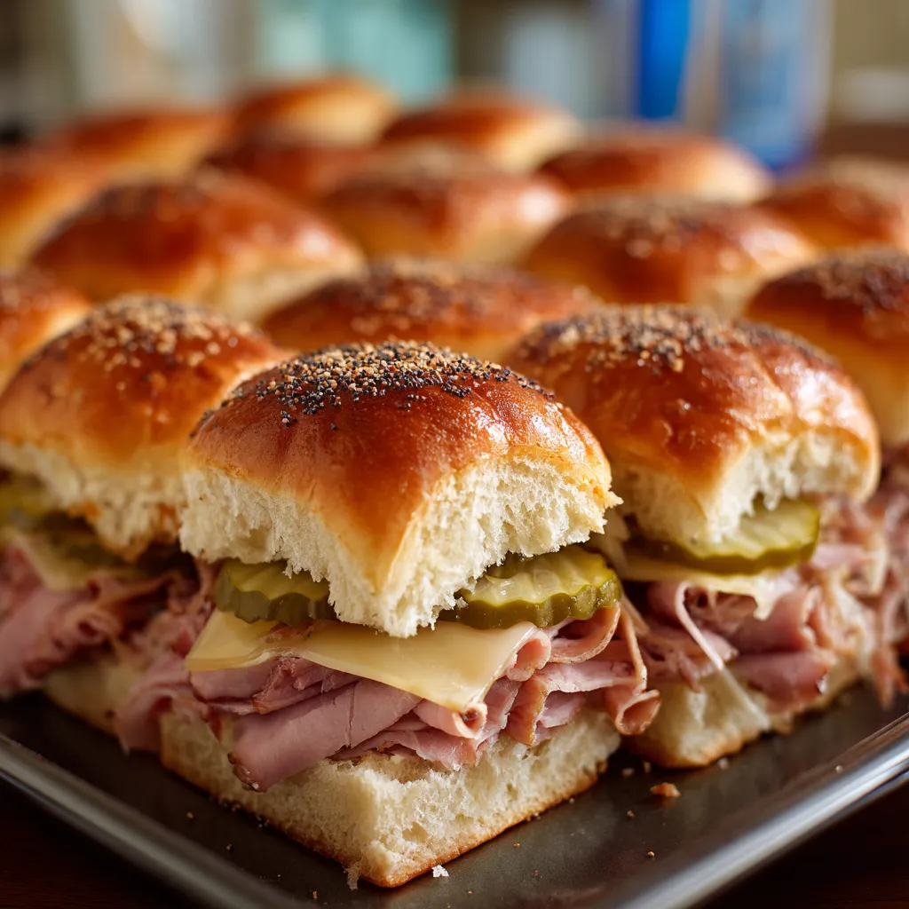 A tray of sandwiches with meat and pickles.