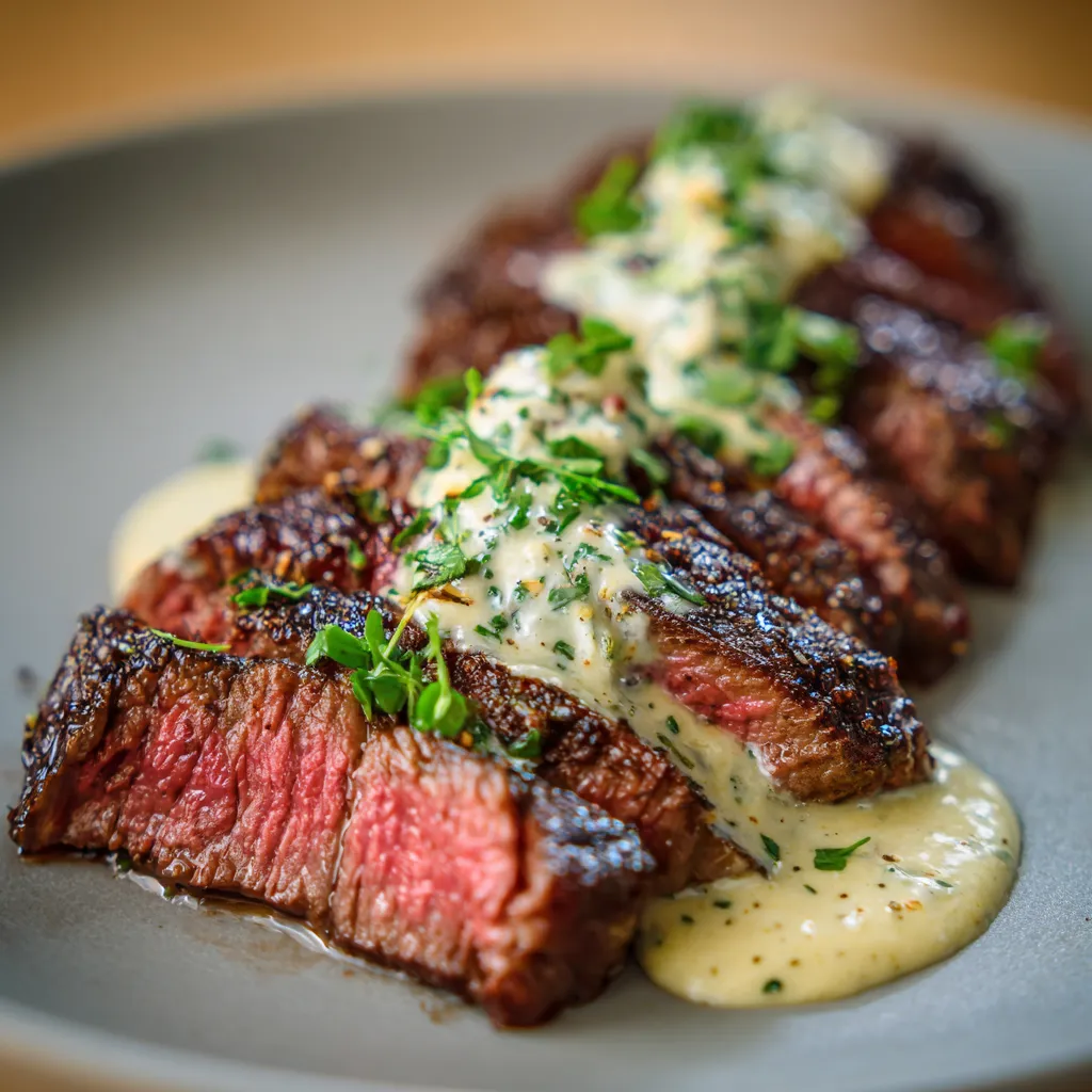 A plate of steak with sauce on it.