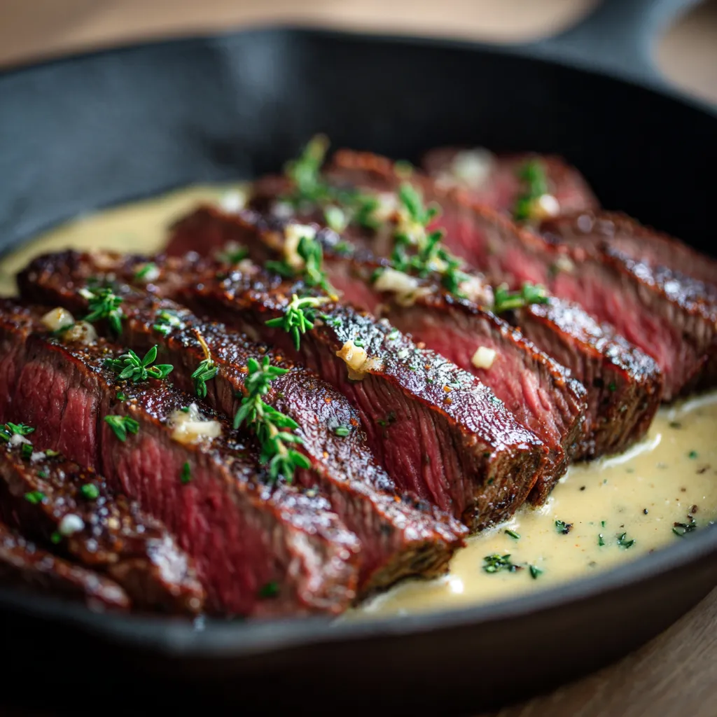 A close up of a steak in a pan.