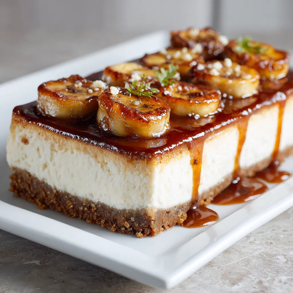 A slice of cheesecake with bananas on top.