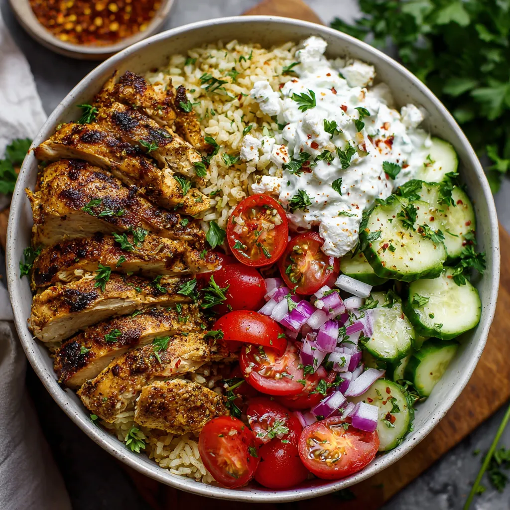 A bowl of food with rice, tomatoes, cucumbers, and chicken.