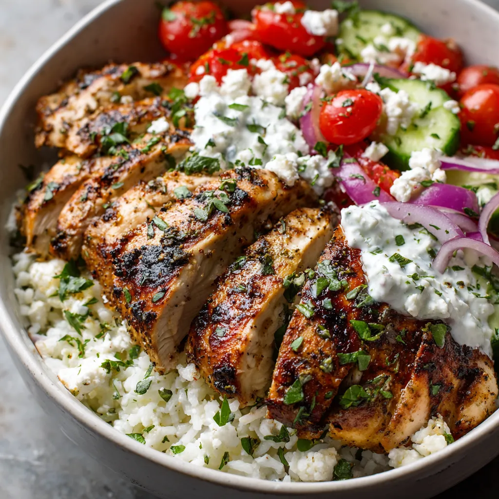 A bowl of food with chicken, tomatoes, cucumbers, onions, and feta cheese.