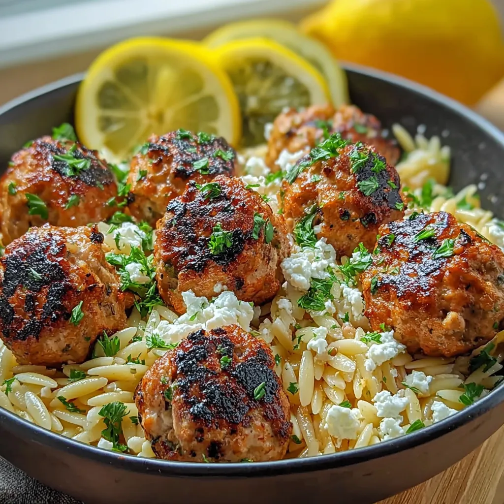 A bowl of meatballs with rice and lemon wedges.