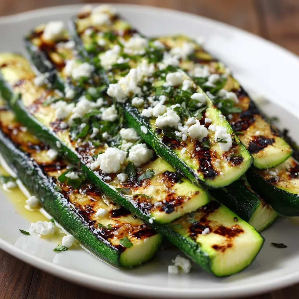 A plate of grilled zucchini with feta cheese.