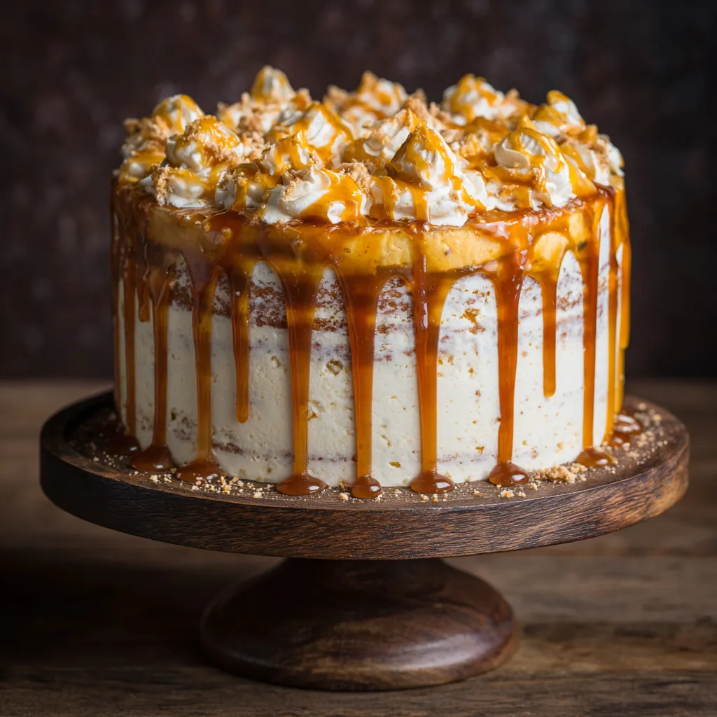 A cake with caramel sauce on top.