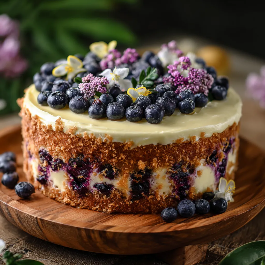 A cake with blueberries on top.