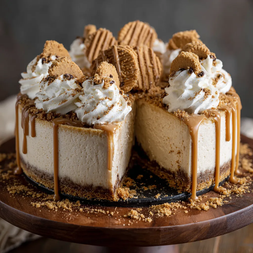A slice of cheesecake with caramel drizzle.