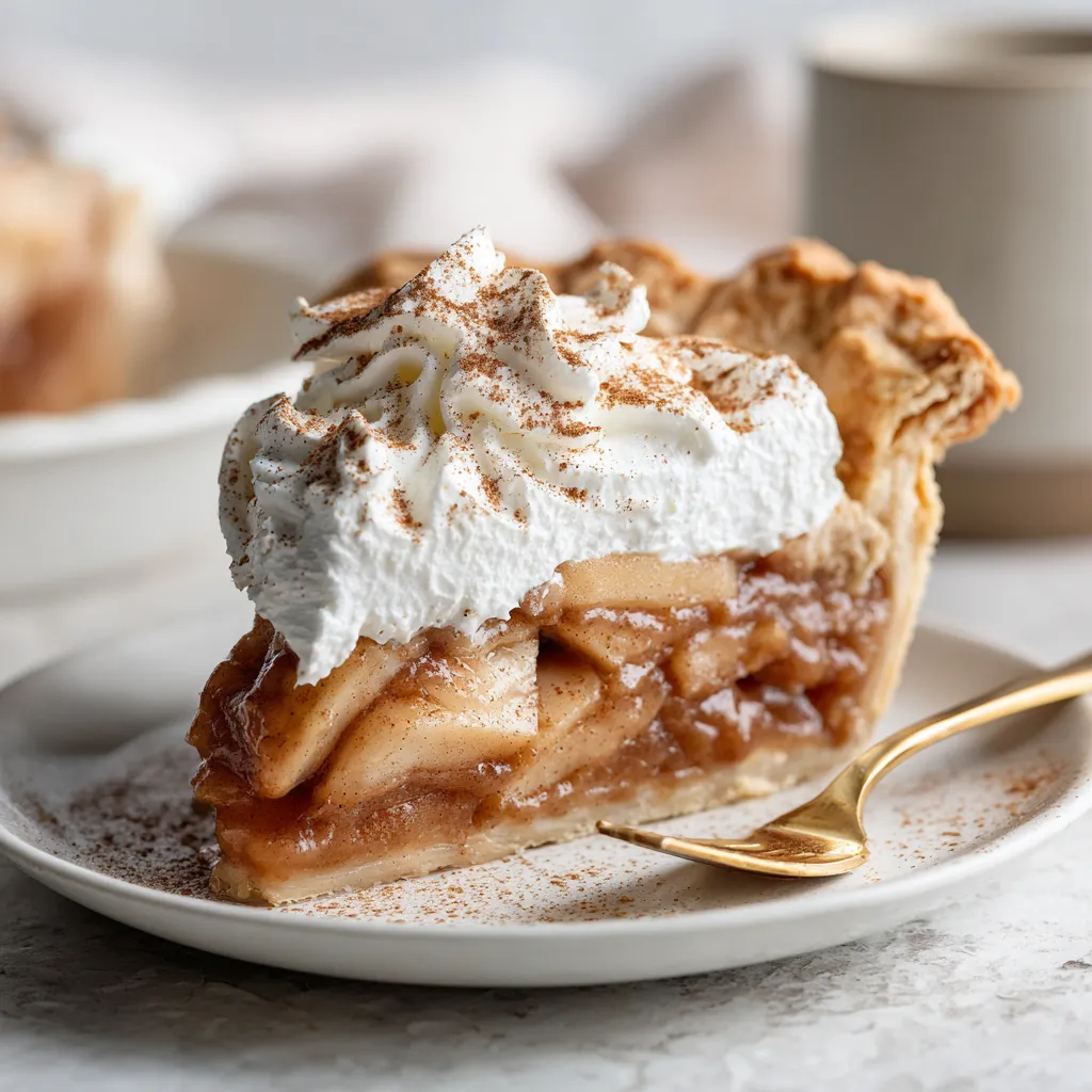 A slice of pie with whipped cream on top.