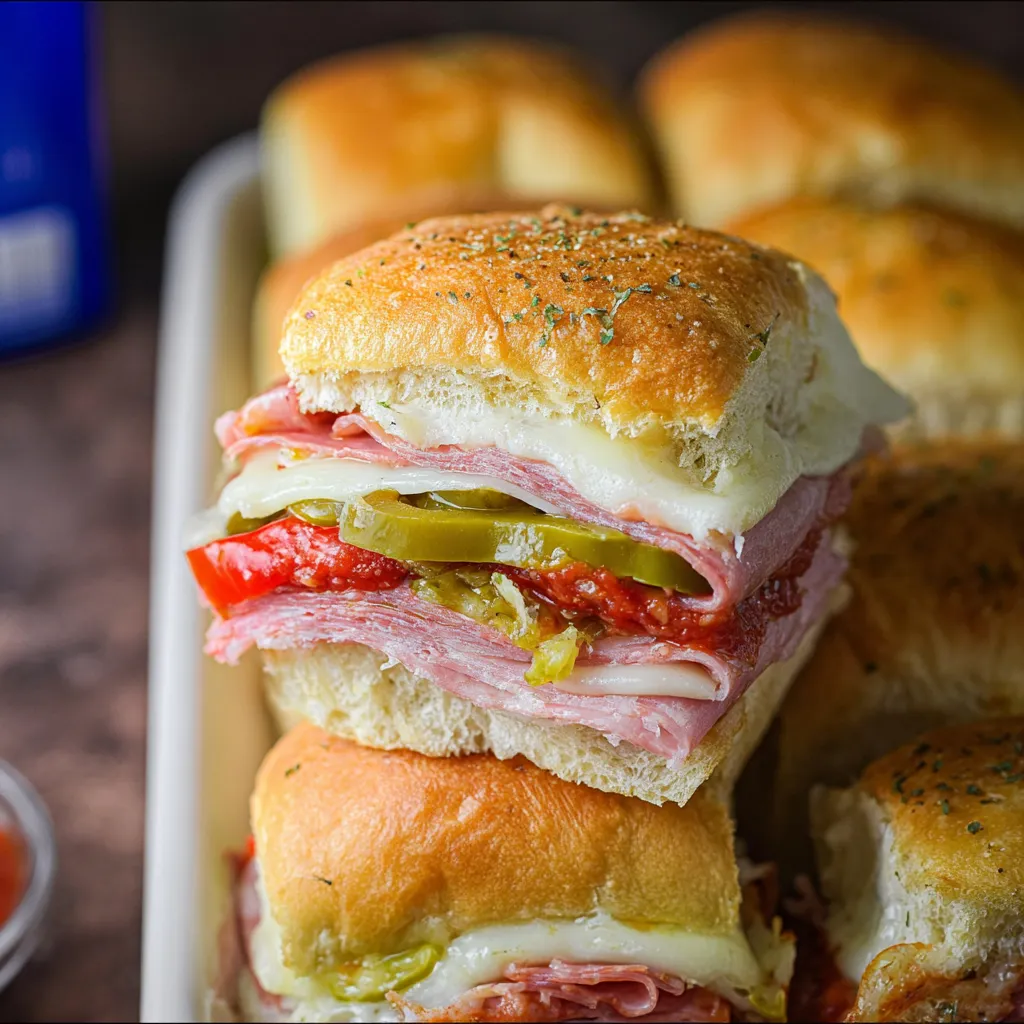 A tray of sandwiches with cheese and peppers.