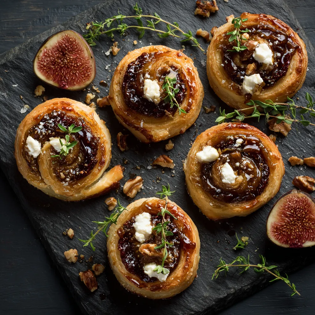 A plate of pastries with a fig on top.