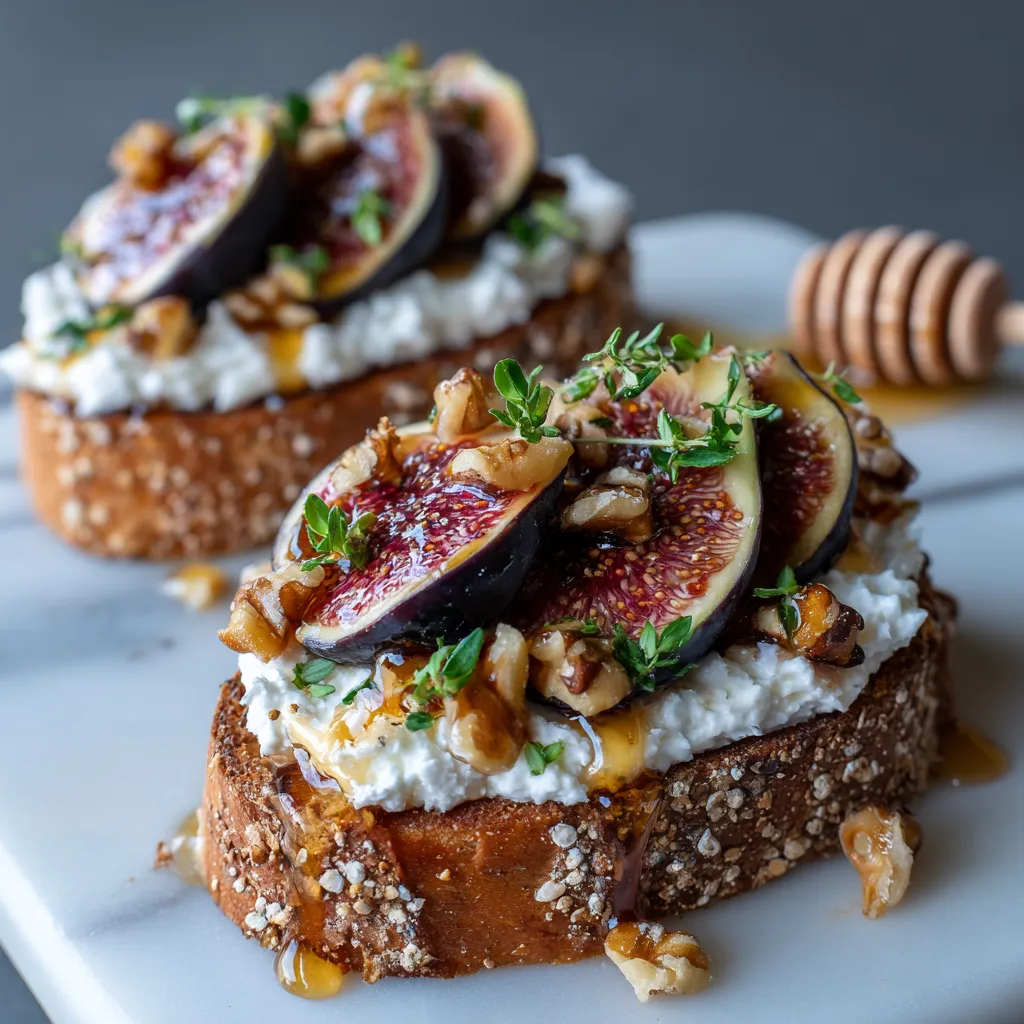 Two pieces of bread with figs and walnuts on top.