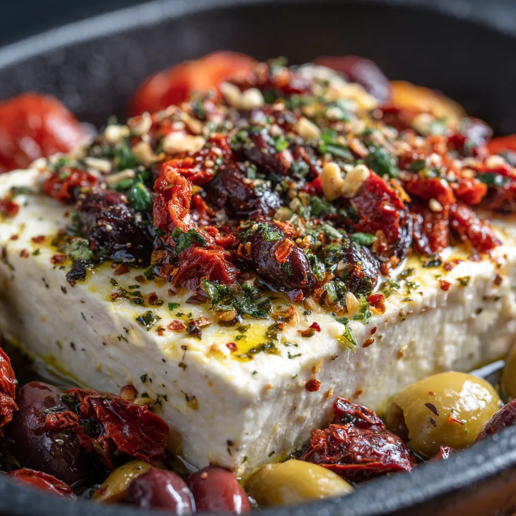 A bowl of food with olives, tomatoes, and cheese.