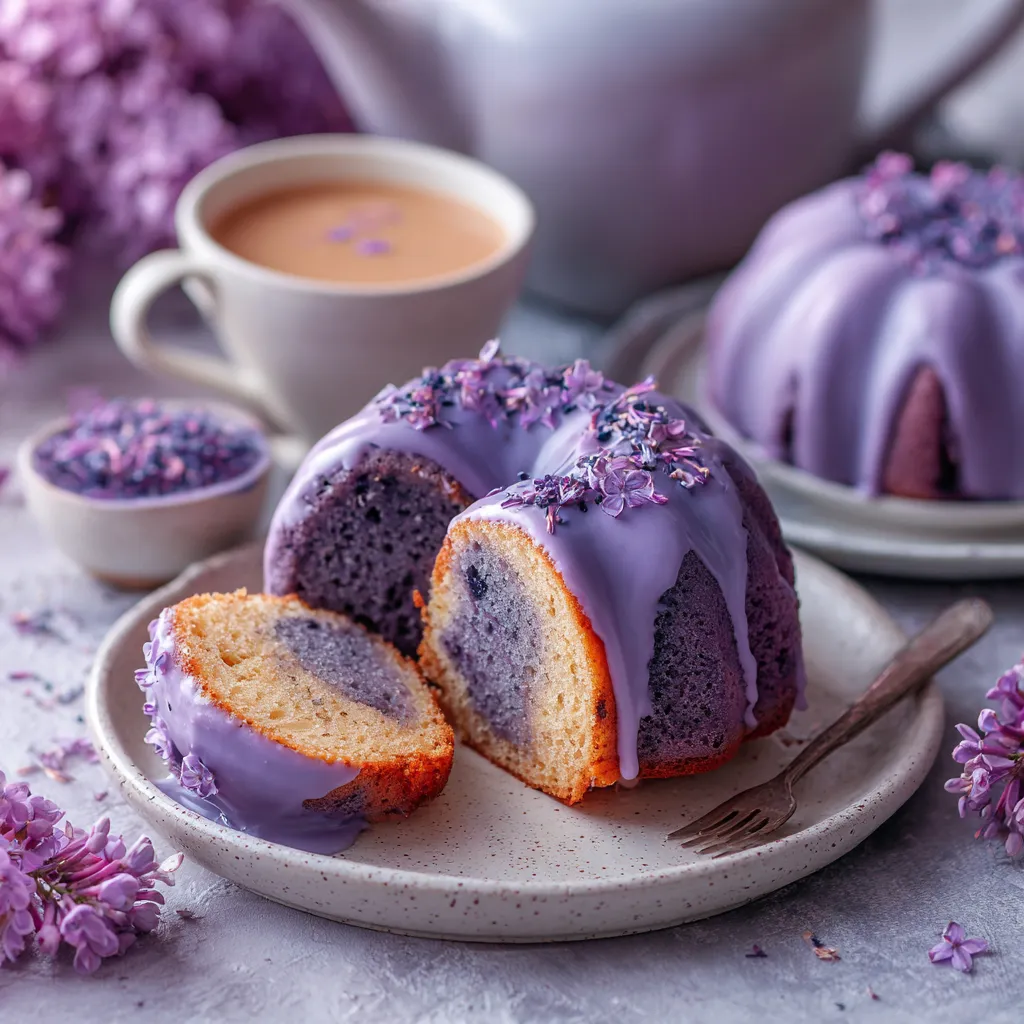 A slice of purple cake with a cup of tea.