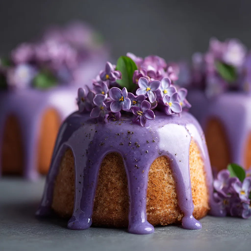 A purple cake with lavender flowers on top.