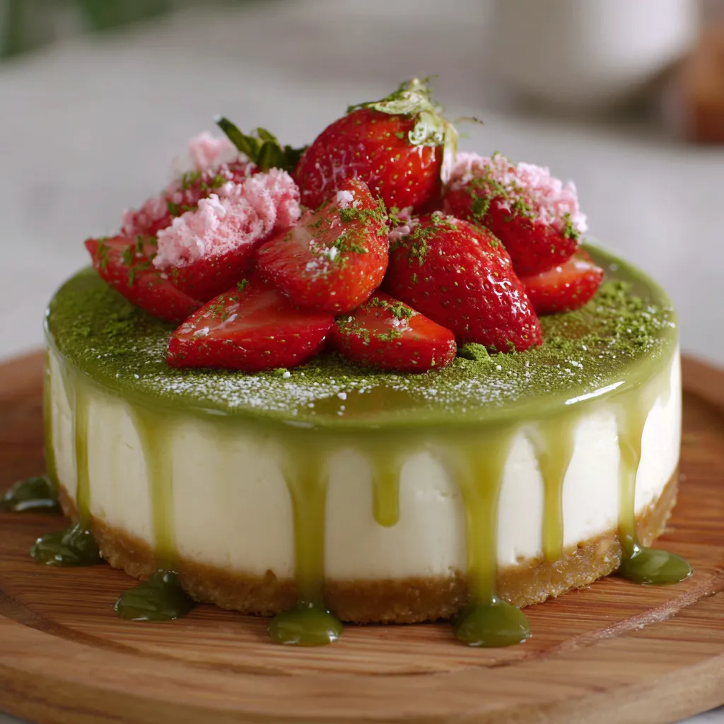 A slice of cake with strawberries and green stuff on it.