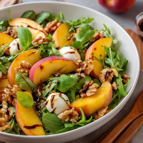 A bowl of salad with peaches, walnuts, and greens.