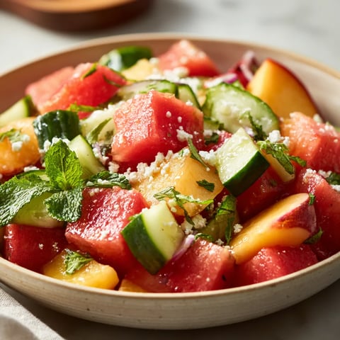 A bowl of fruit salad with watermelon, cucumber, and other fruits.