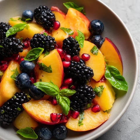 A bowl of fruit with blueberries, blackberries, peaches, and mint.