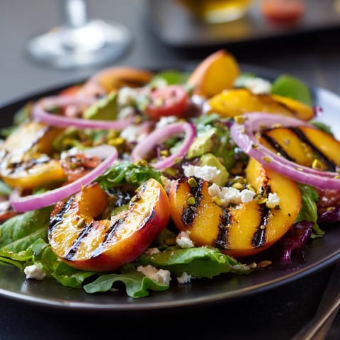 A plate of food with peaches, onions, and lettuce.