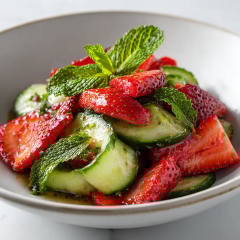 A bowl of fruit with strawberries and cucumbers.