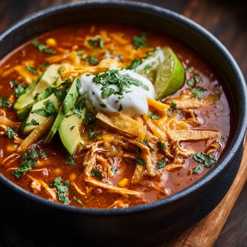 A bowl of soup with chips and sour cream.