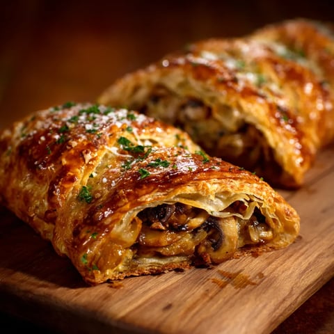Two pastry rolls on a wooden board.