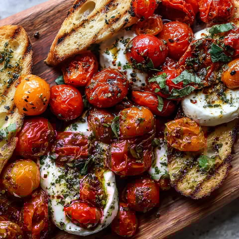 A wooden platter with tomatoes, cheese, and bread.