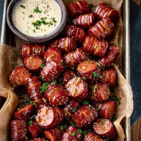 A bowl of sausage with a dipping sauce.