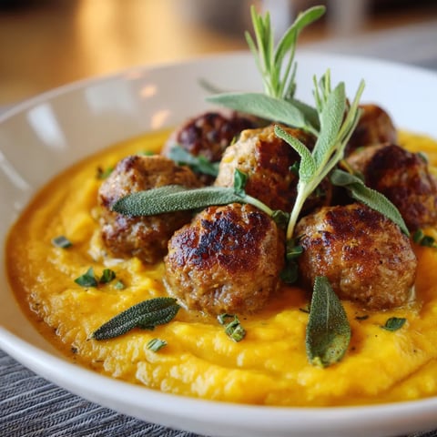 A bowl of food with meatballs and herbs.