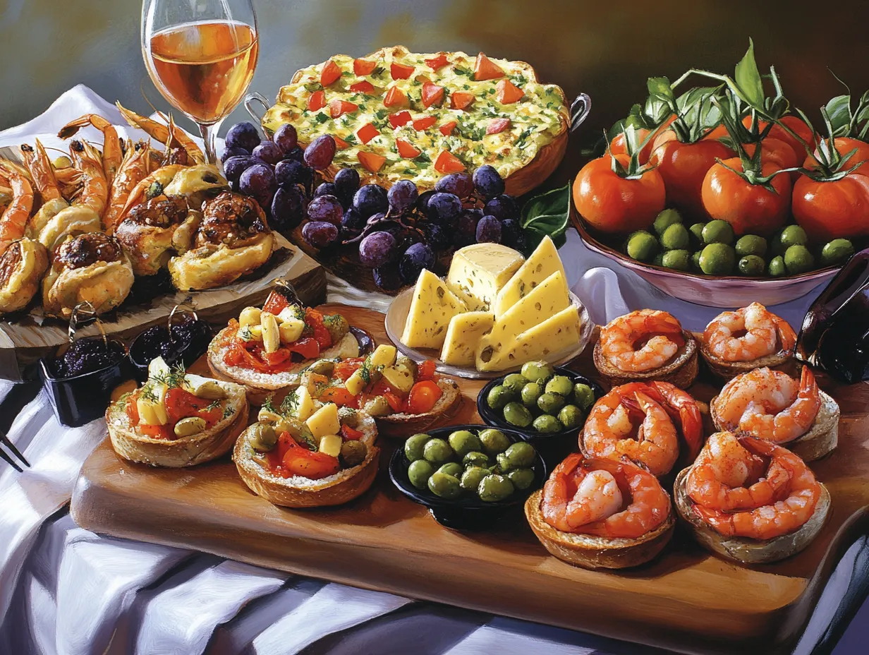 A table full of food including shrimp, cheese, and grapes.