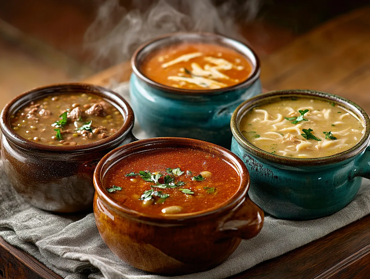 Four bowls of soup on a table.