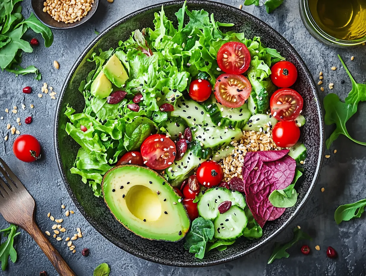 A bowl of salad with tomatoes, cucumbers, avocado, and lettuce.