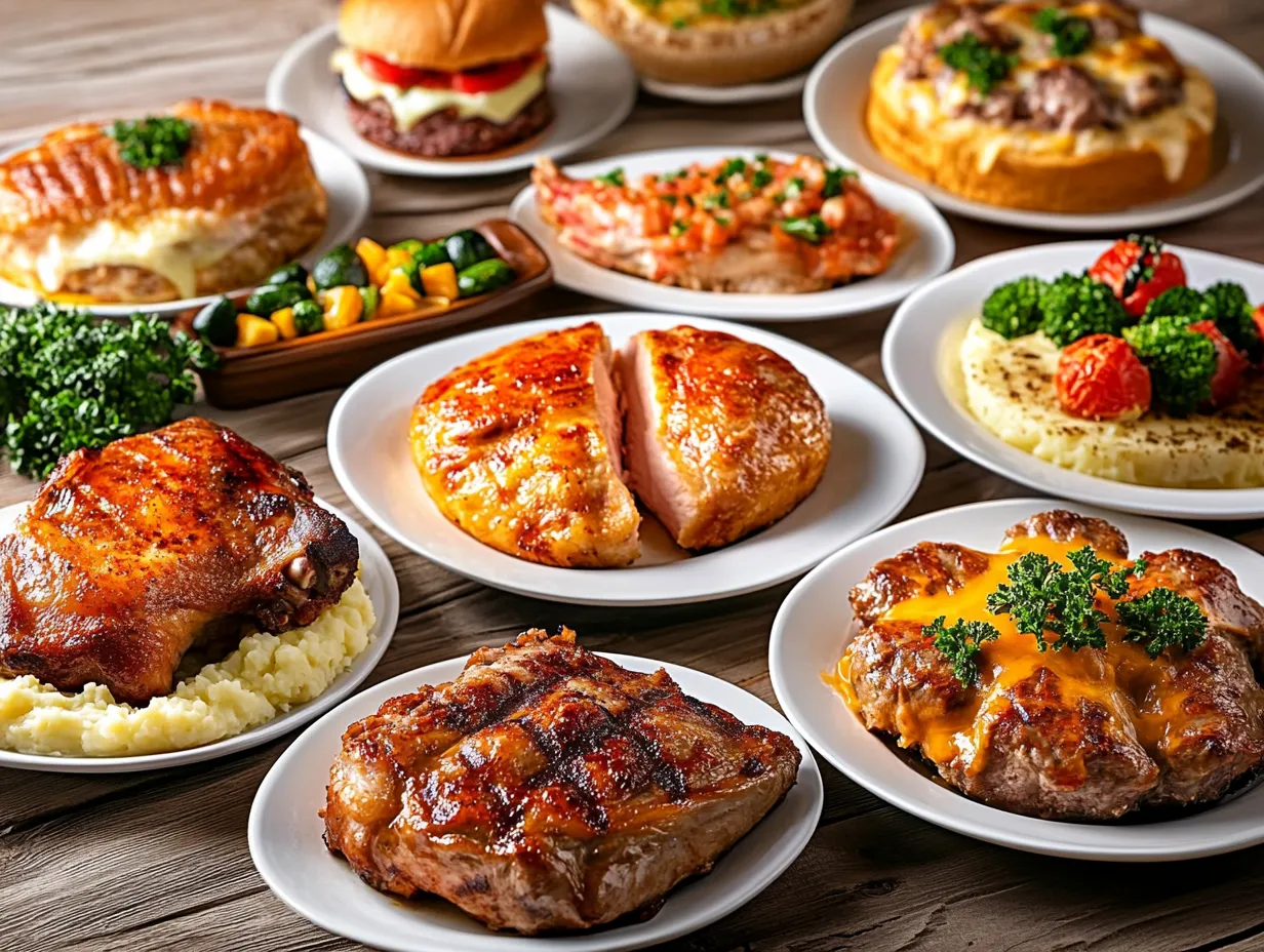 A table full of food with plates of chicken, potatoes, and other dishes.