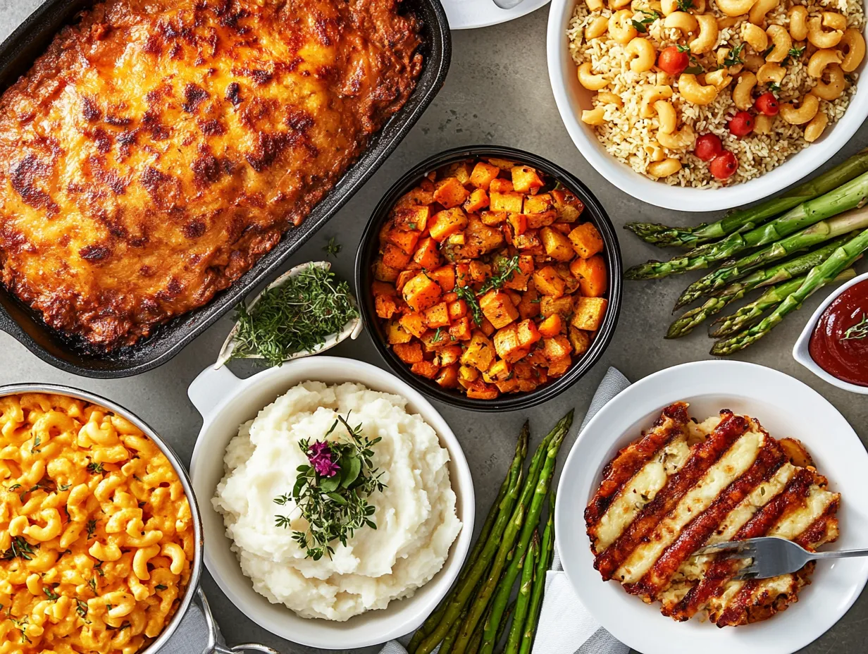 A table full of food including a casserole, rice, and vegetables.
