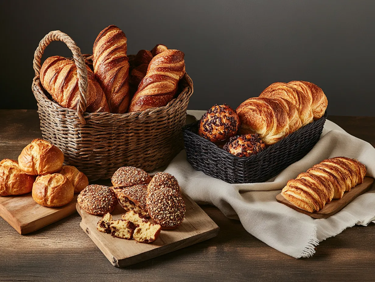 A basket of bread and pastries.
