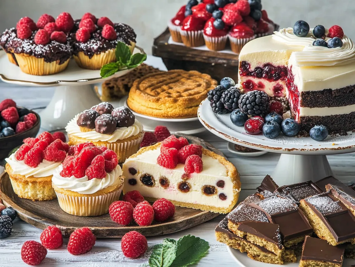 A variety of desserts including cakes and cupcakes.