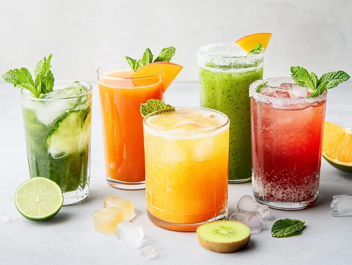 A table with four glasses of fruit juice.