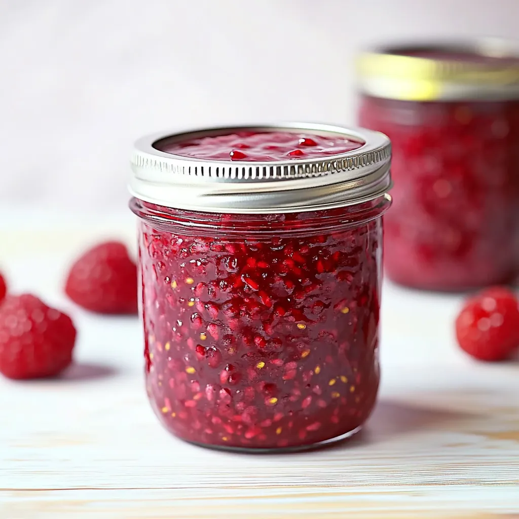 Two jars of red jam with raspberries.