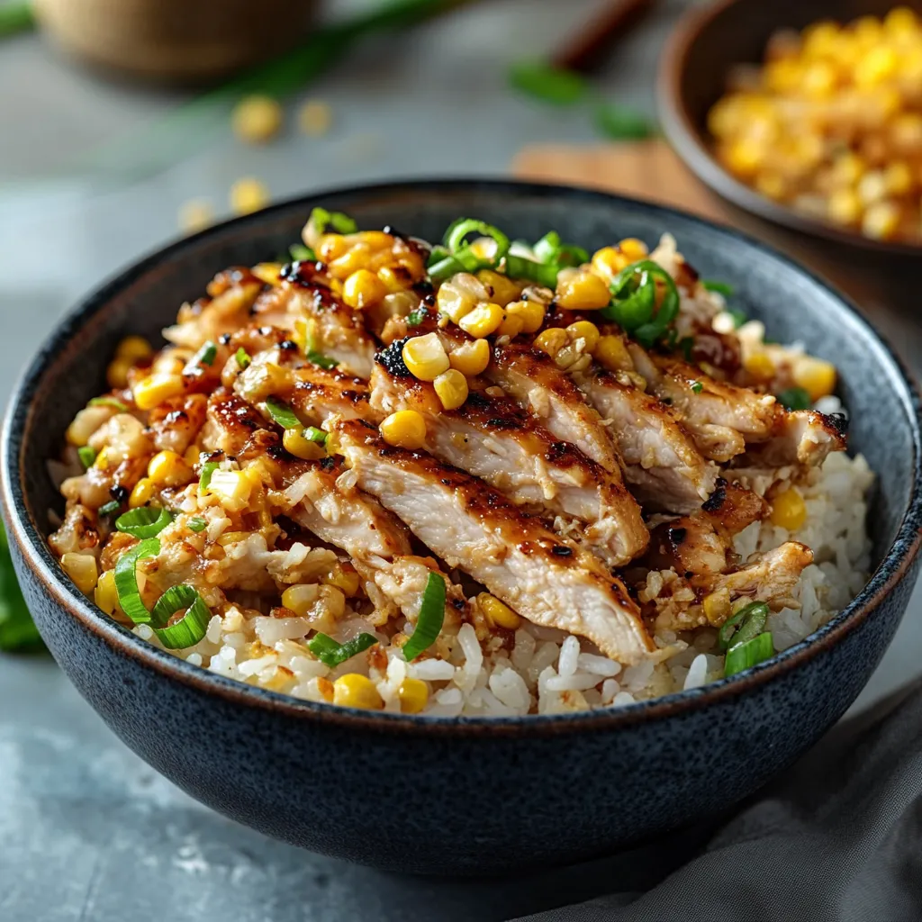 A bowl of rice with chicken and corn.
