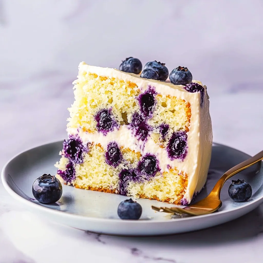 A slice of blueberry cake on a plate.