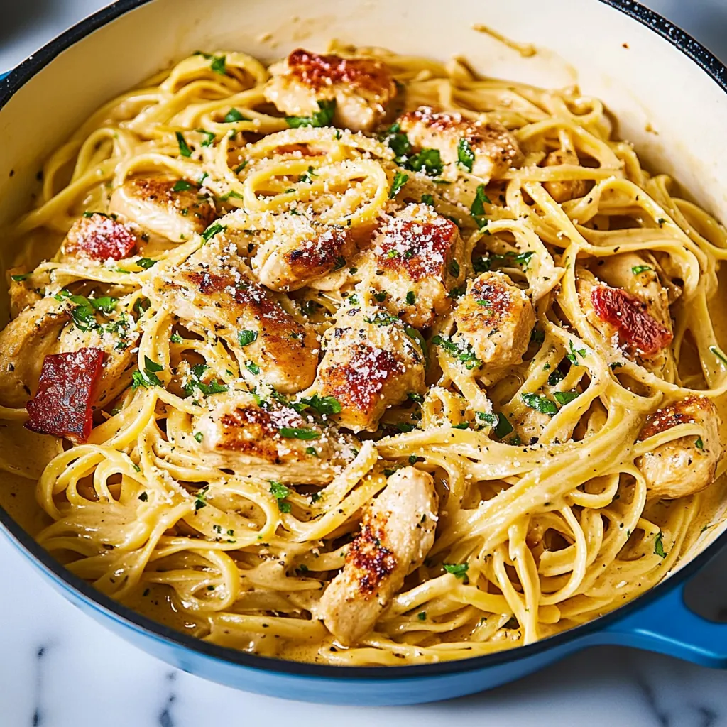 A bowl of pasta with chicken and herbs.
